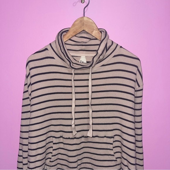 Pact Sweater Women's Size Extra Large Tan Black Striped Waffle Cowl Neck Cotton - Picture 3 of 7